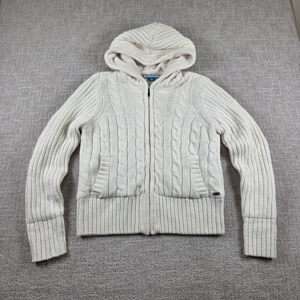 Columbia Womens Large Cream Cable Knit Fleece Lined Full Zip Hoodie Sweater Cozy